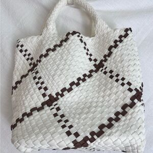 Woven White Tote with Brown Check Detailing